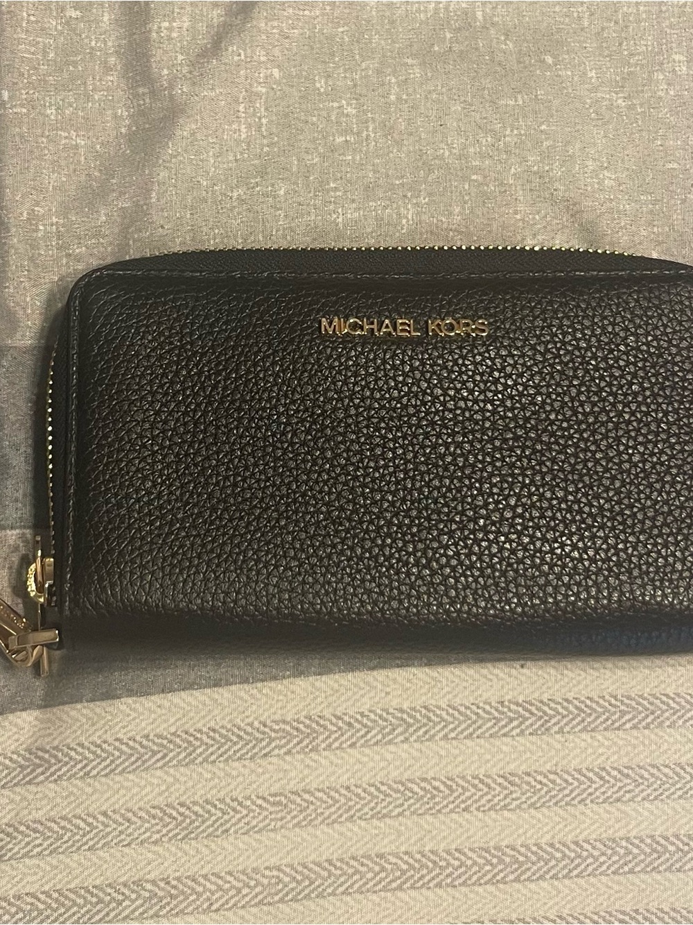 Michael Kors Black Pebbled Leather Zip-Around Wallet with Gold Logo